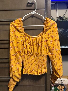 Ultra Flirt Mustard Yellow Floral Smocked Peasant Blouse